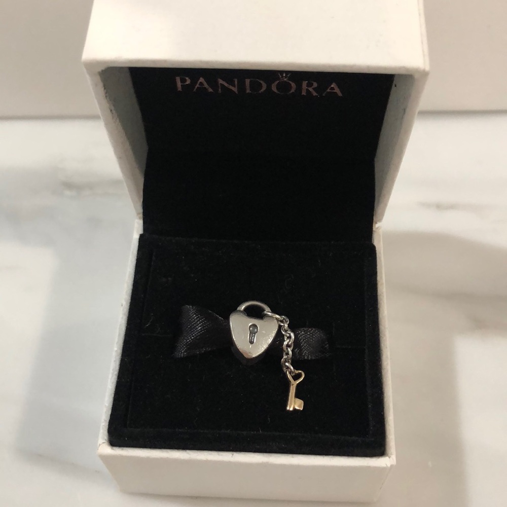 Pandora Silver Heart Lock & Gold Key Dangle Bracelet Charm